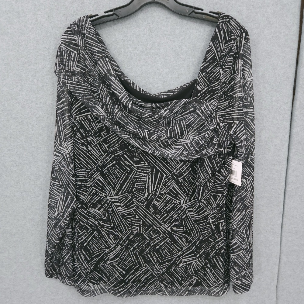 Ella Rafaella Printed Asymmetrical Mesh Long Sleeve Black Top Womens Size 2X NWT